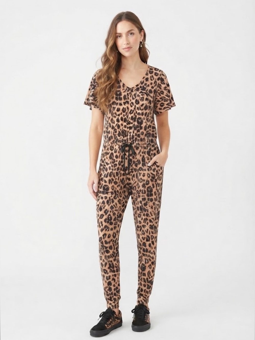 LuLaRoe Leopard Print Short Sleeve Jumpsuit XS Pockets Drawstring Waist